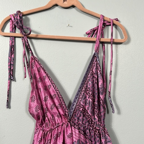 Women’s Silk Maxi Layered Open Back Shoulder Tie Purple Pink Dress OS - Picture 7 of 16